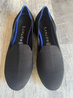 Rothy's Black Slip-On Loafers with Blue Trim